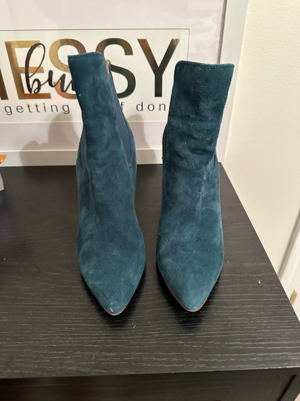 Chinese Laundry Teal Suede Block Heel Ankle Boots - Picture 4 of 9